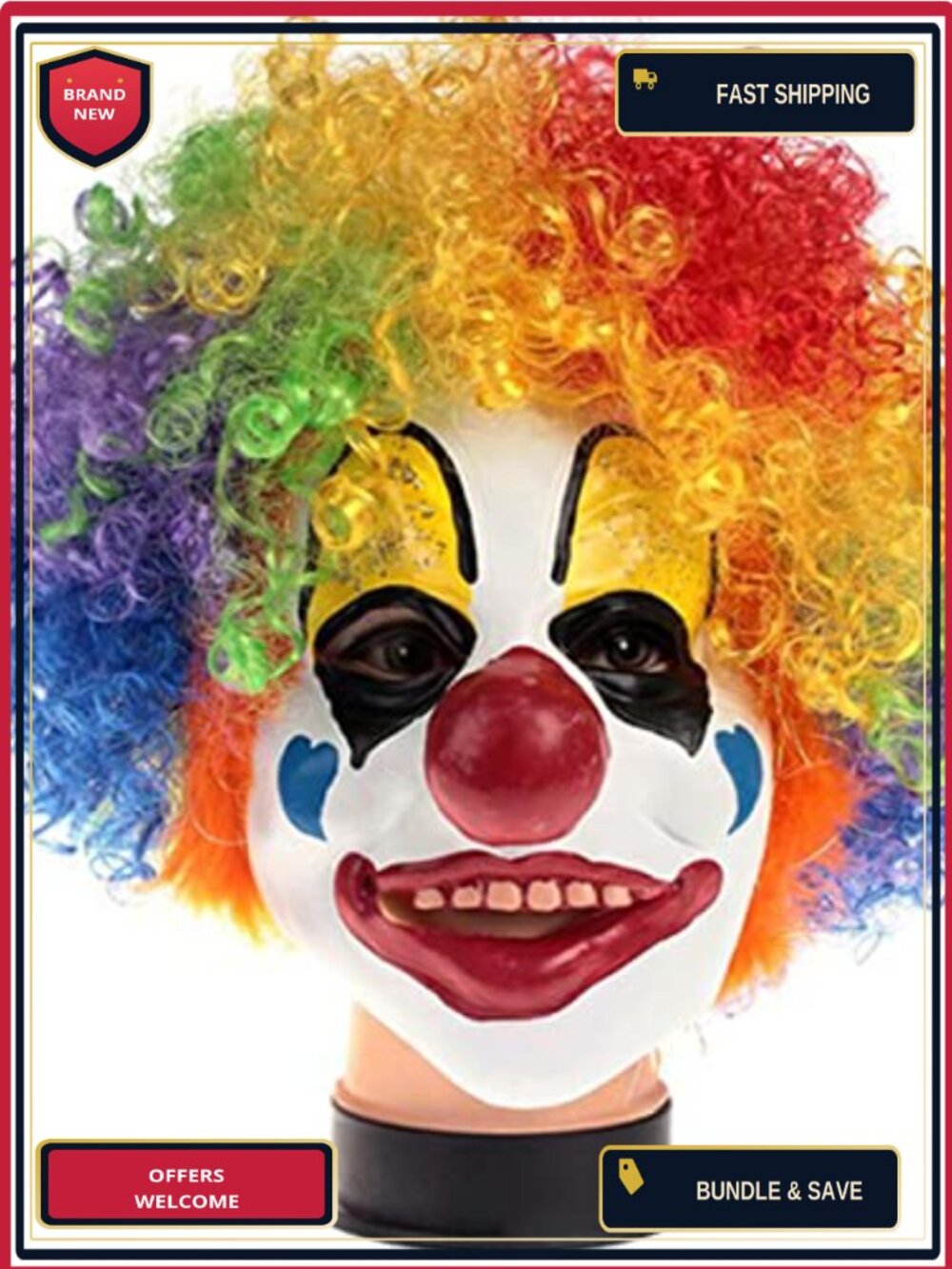 Latex Clown Mask with Colorful Hair Wig and Red Nose for Halloween Cosplay